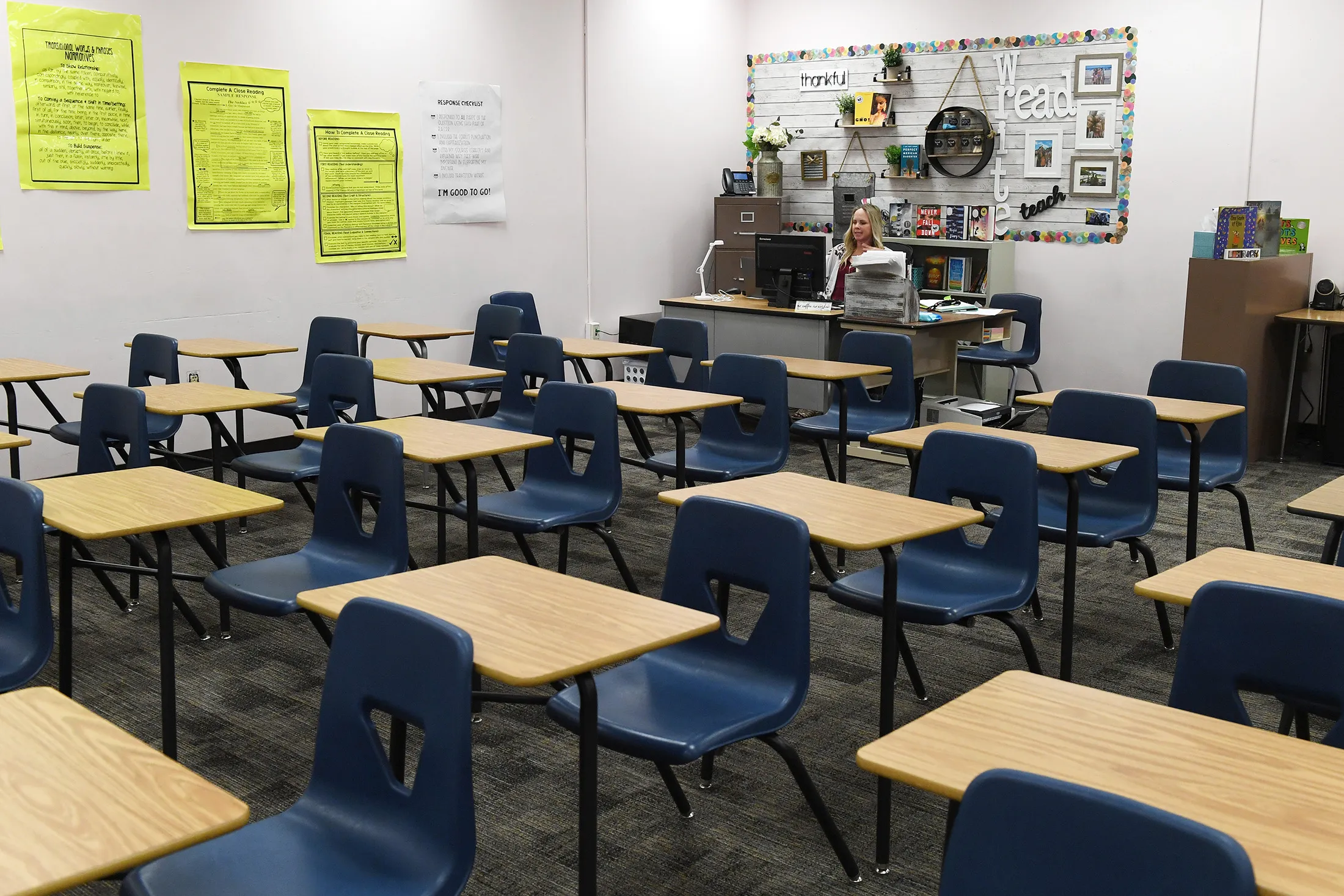 A teacher leads an online English class from an empty classroom during the Covid-19 pandemic in the Clark County school district in 2020.