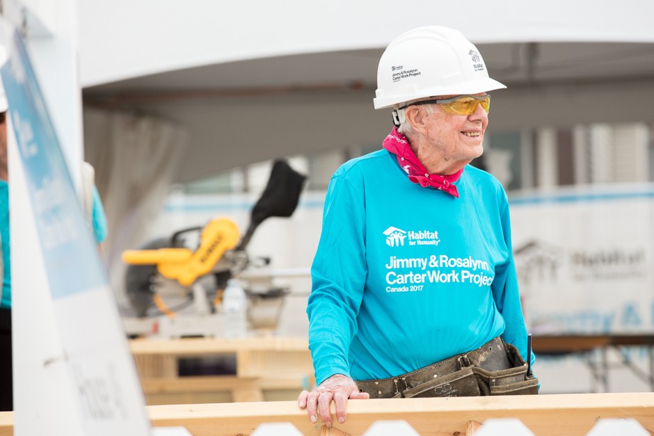 President Jimmy Carter stands at the Jimmy & Rosalynn Carter Work Project 2017 site in Edmonton, Canada.