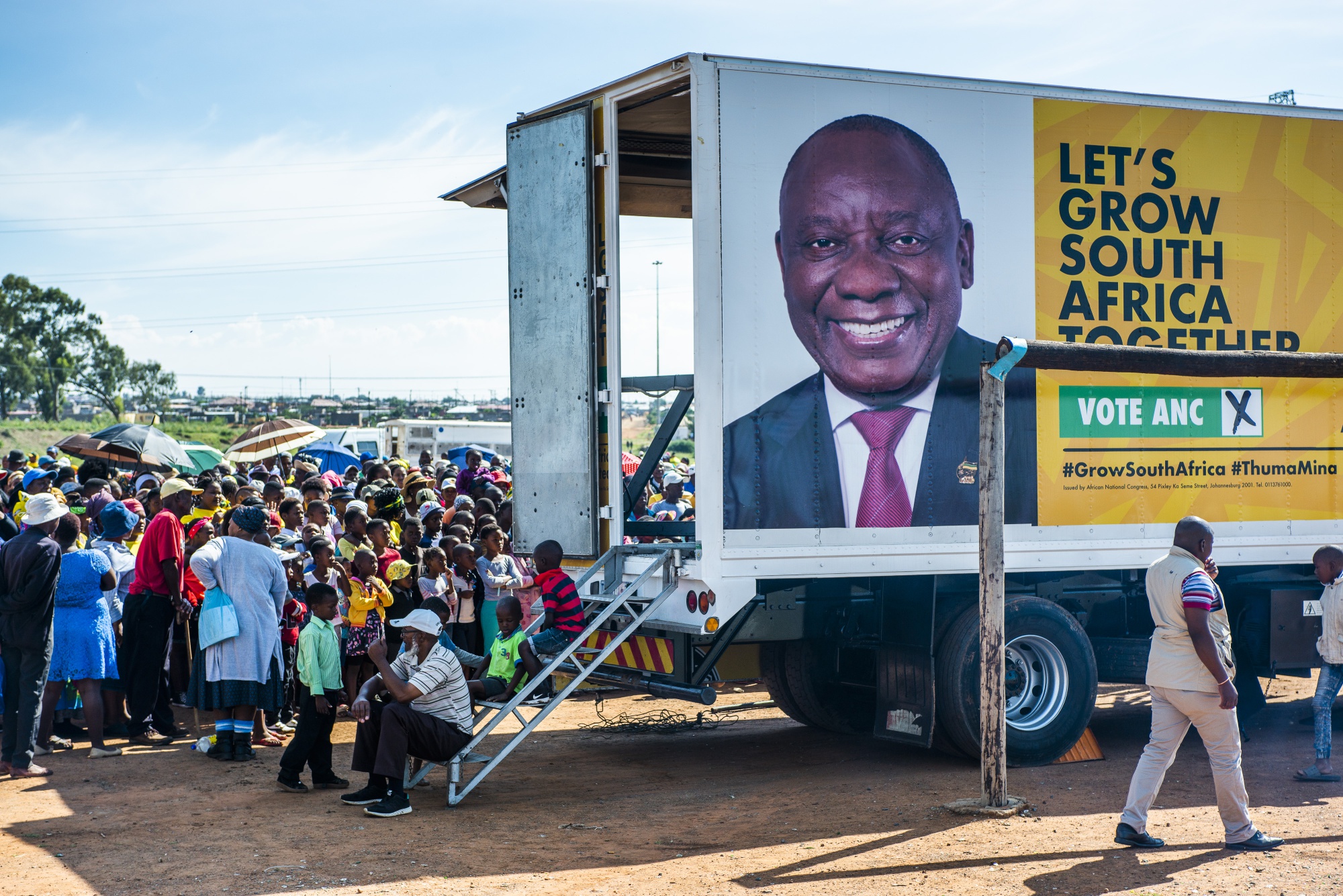 The face of Cyril Ramaphosa, South Africa's president, is displayed on the side of a campaign truck during an ANC campaign event in Bloemfontein on April 7.