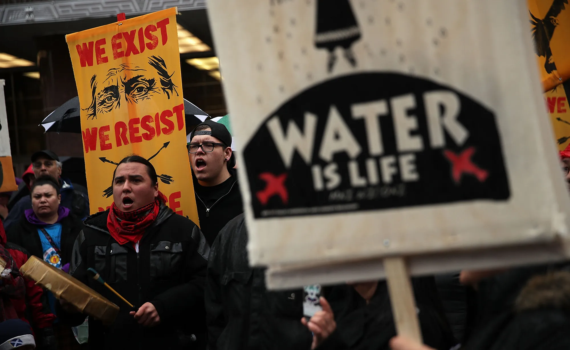 Demonstrators protest against the Dakota Access Pipeline in Washington, D.C. in&nbsp;2017.