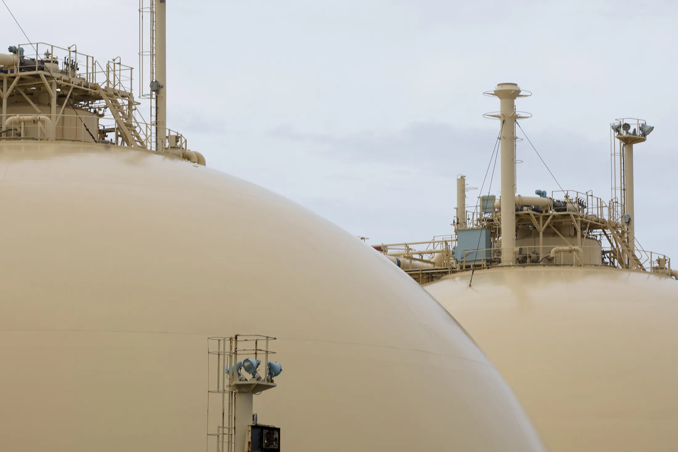 Gas storage tanks sit on-board the Gallina liquefied natural gas (LNG) tanker after docking at the National Grid Plc's Grain LNG plant on the Isle of Grain in Rochester, U.K., on Saturday, March 4, 2017. The shipment to England on the Gallina was priced using the U.K.'s National Balancing Point, where front-month gas cost about $7 a million British thermal units on Feb. 7.
