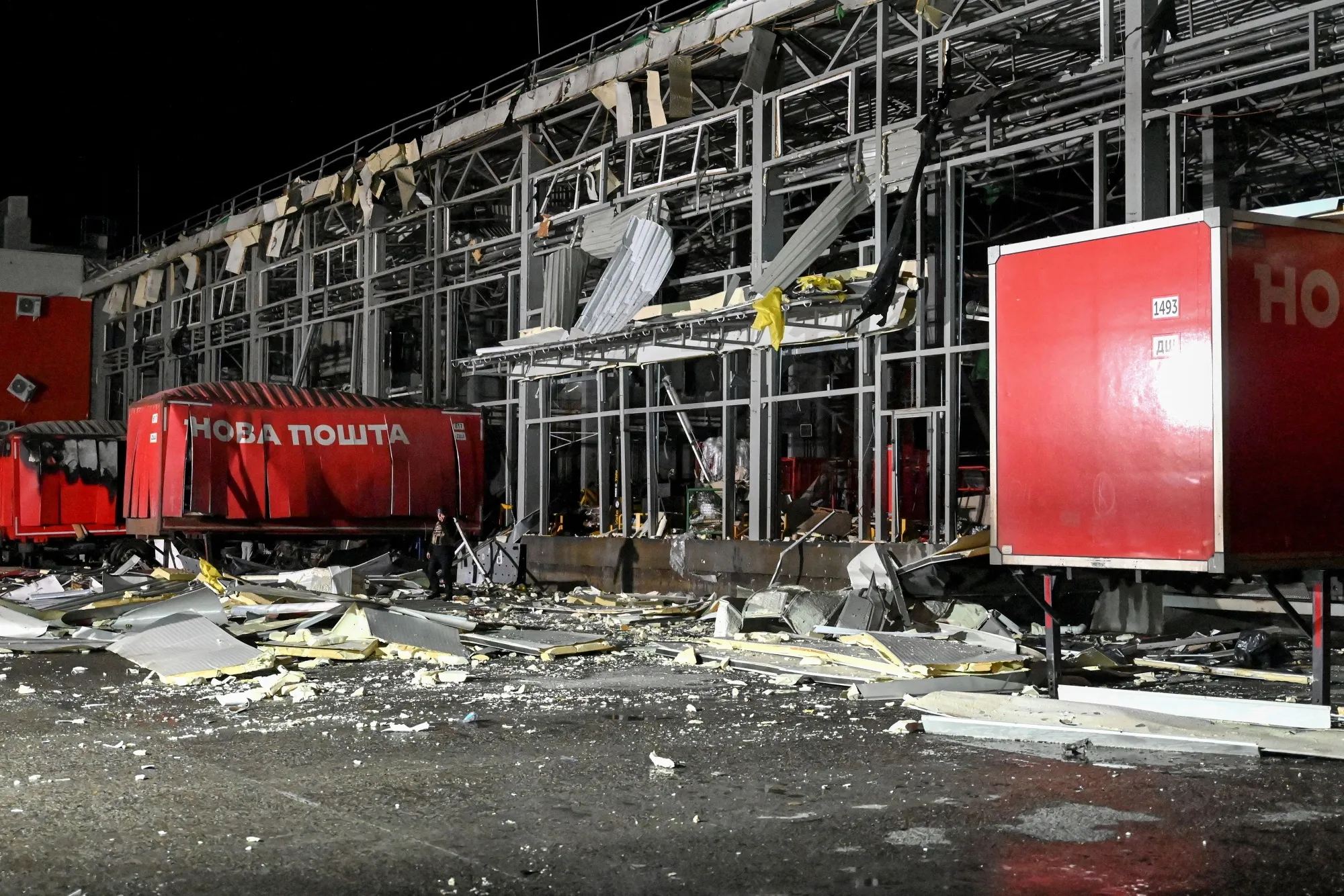 A damaged mail depot in Novyi Korotych, Kharkiv region.