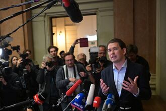 Sebastian Kurz outside court in Vienna in February.