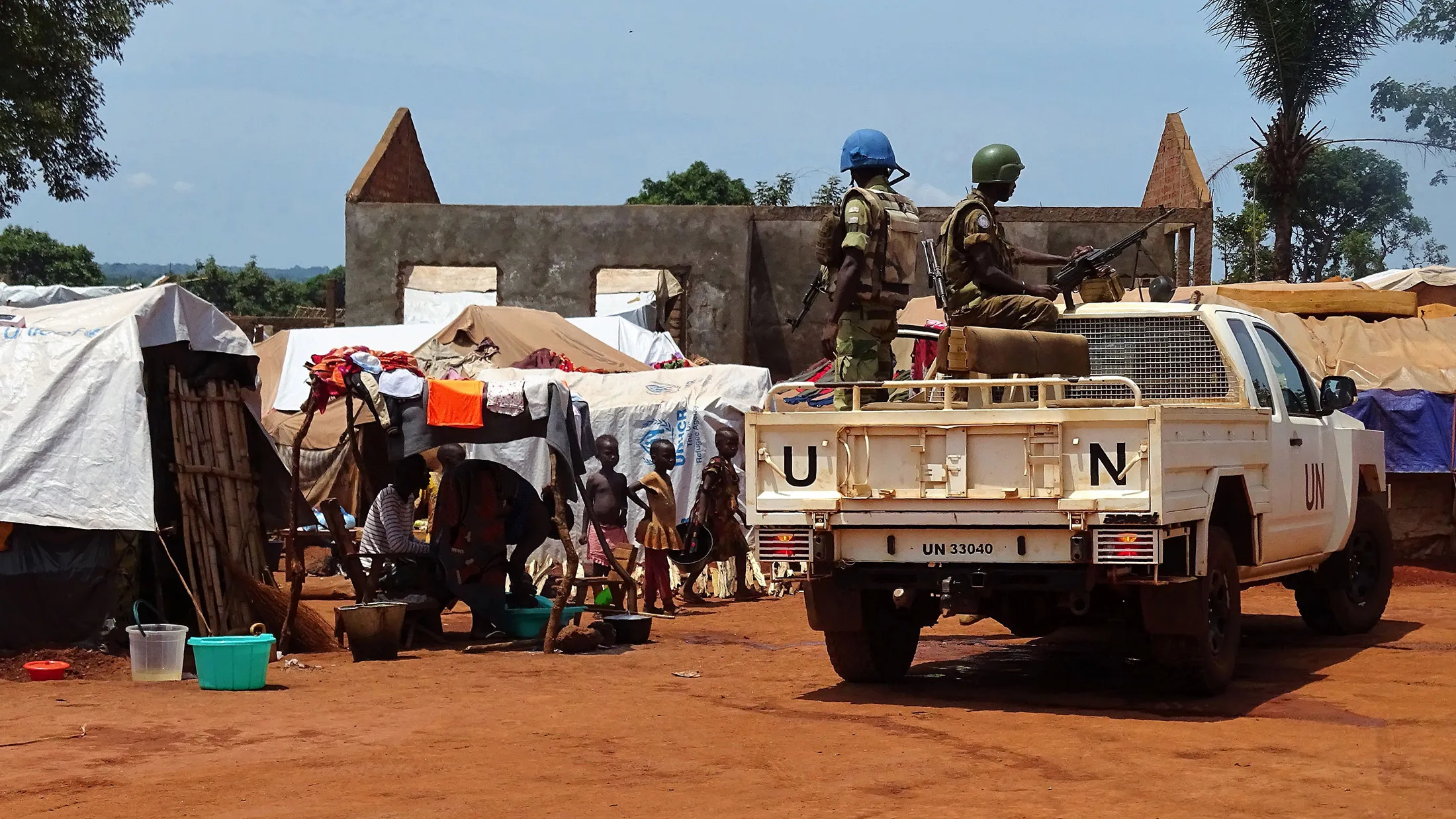 UN peacekeepers from Gabon patrol in the Central African Republic town of Bria on June 12, 2017.
