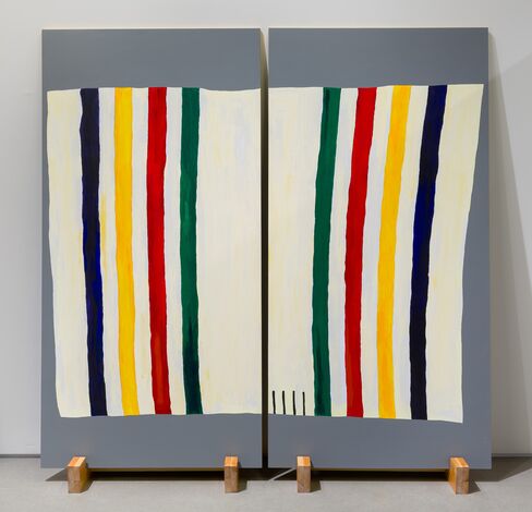 Joanna Malinowska, 4 Point Hudson Bay Blanket (2016). Acrylic on plywood and wood stand.