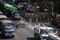 Police and soldiers stand on guard in the middle of the road