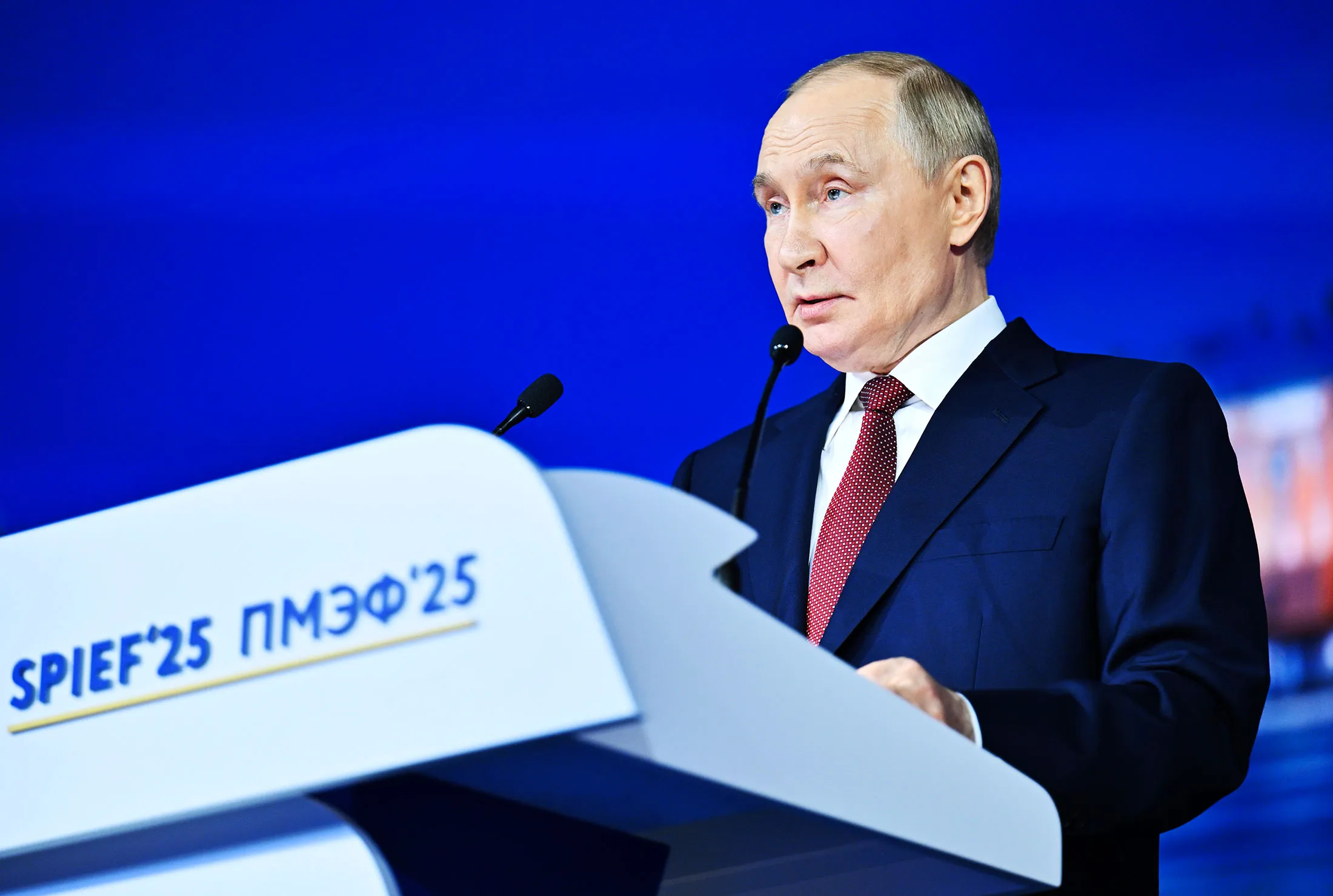 Russian President Vladimir Putin&nbsp;at the St. Petersburg International Economic Forum on Friday.