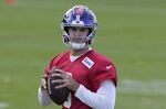 New York Giants quarterback Daniel Jones, number 8, attends a practice session at Hanbury Manor in Ware, England, Friday, Oct. 7, 2022 ahead the NFL game against Green Bay Packers at the Tottenham Hotspur stadium on Sunday. (AP Photo/Kin Cheung)