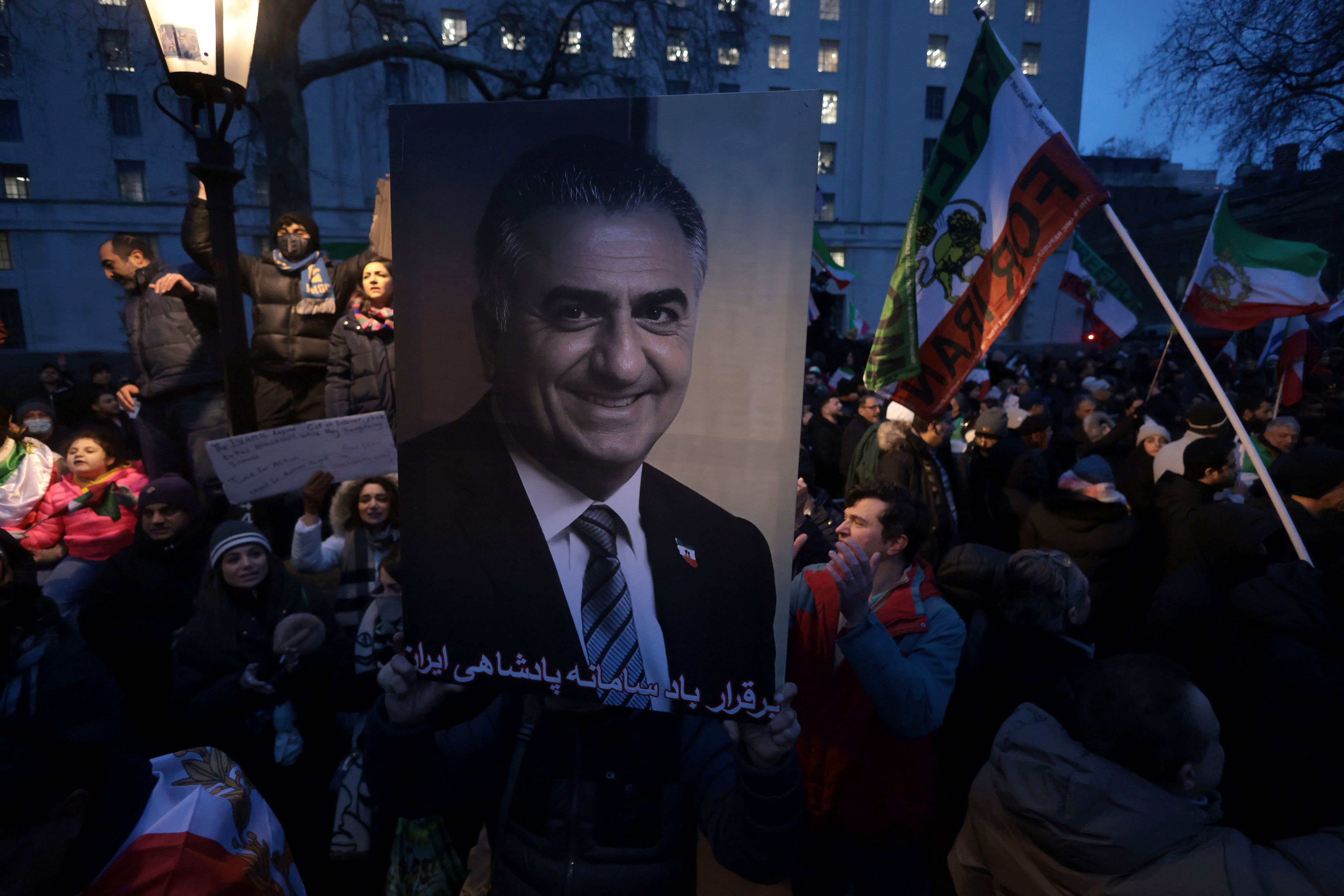 An image of former crown prince Reza Pahlavi during a protest on Whitehall in London on Jan. 11.