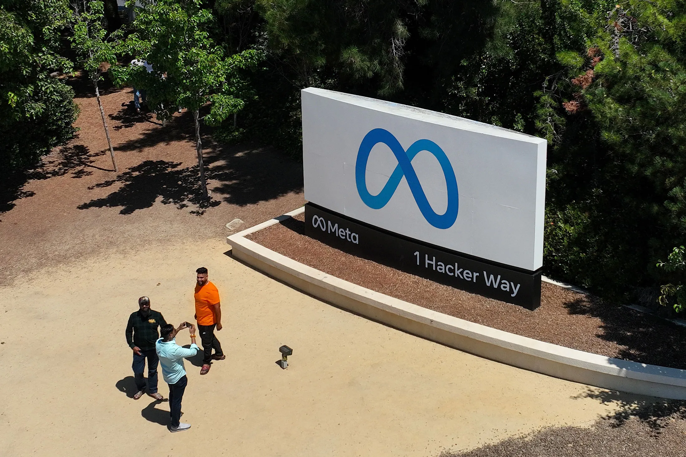 Visitors outside Meta's headquarters in Menlo Park, California, US.