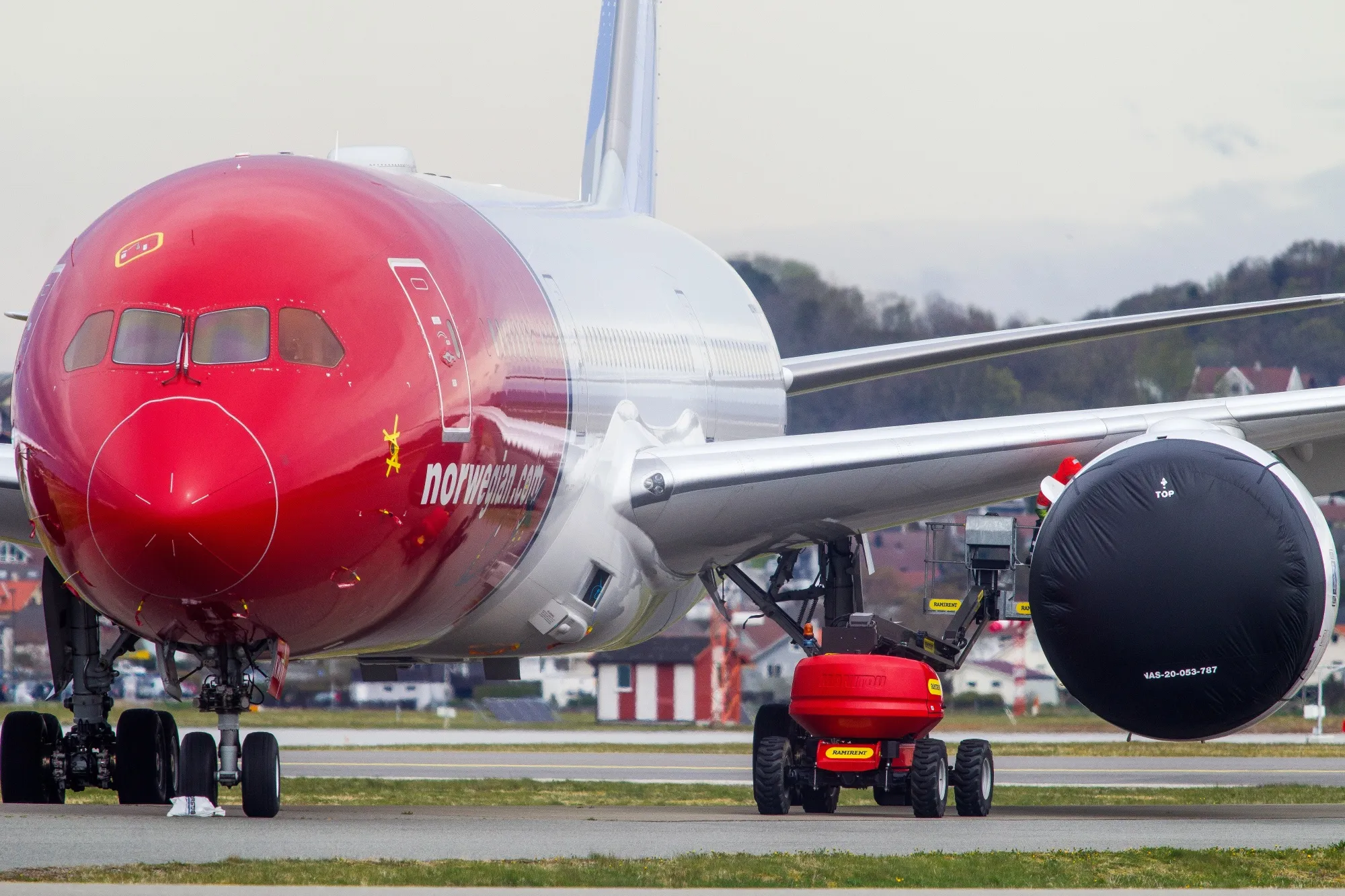 A passenger aircraft, operated by Norwegian Air Shuttle ASA, sits grounded at Stavanger Airport, Norway.