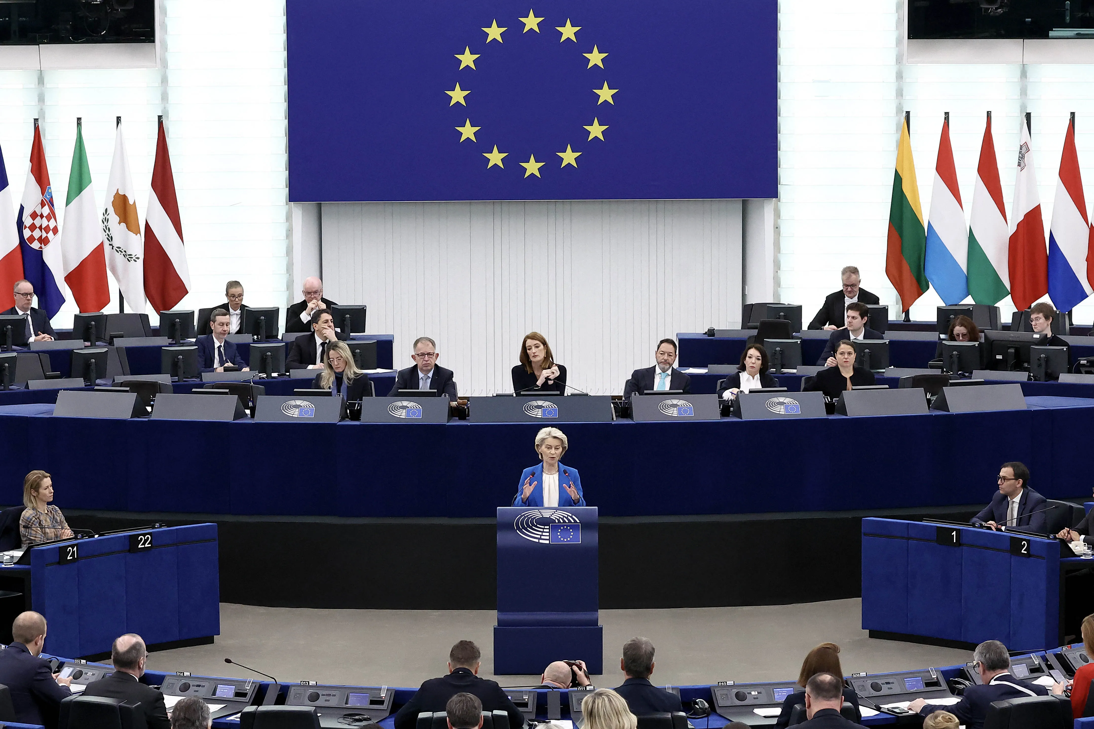 European Commission President Ursula von der Leyen delivers a speech during a debate on the conclusion of the European Council meeting in Strasbourg, France, on Jan. 21.