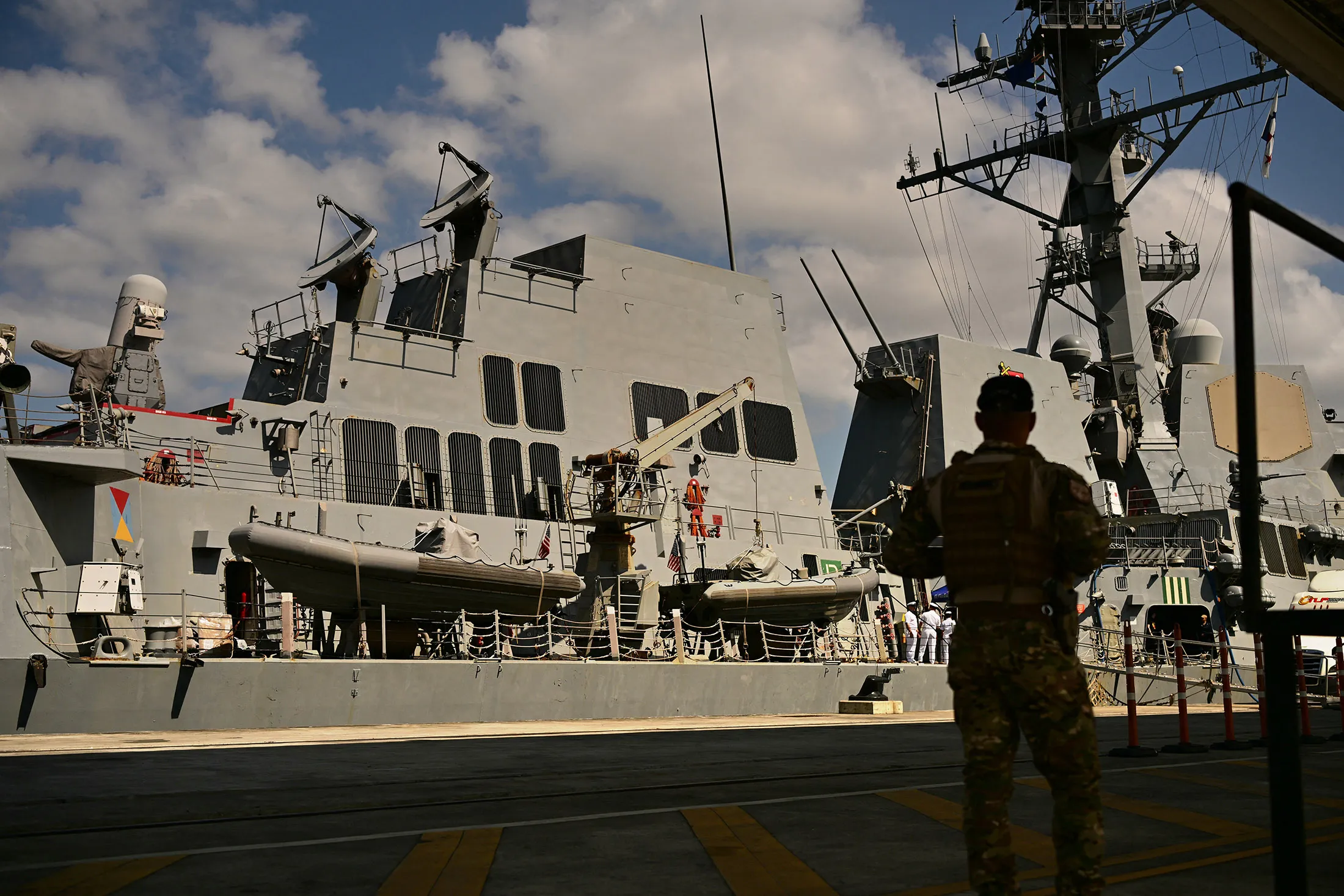 A soldier stands guard near&nbsp;the US Navy Arleigh Burke-class guided-missile destroyer USS Gridley&nbsp;docked at the Amador cruise terminal in Panama City on March 29.