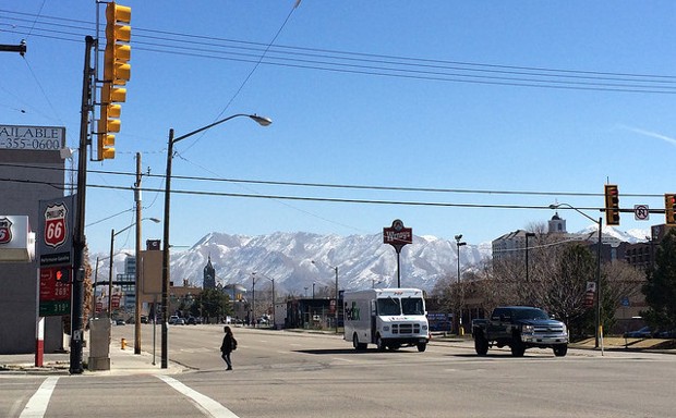 A pedestrian crosses an intersection in Salt Lake City, Utah.