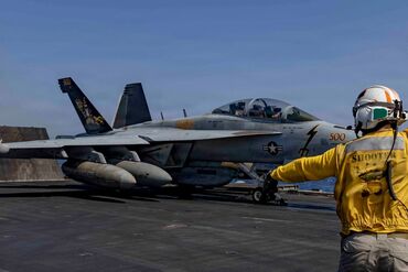 An EA-18G Growler fighter jet on the flight deck of the USS Abraham Lincoln on May 11.