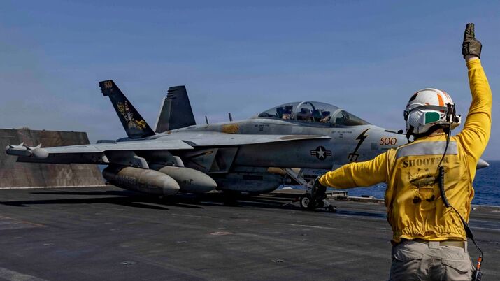 An EA-18G Growler fighter jet on the flight deck of the USS Abraham Lincoln on May 11.