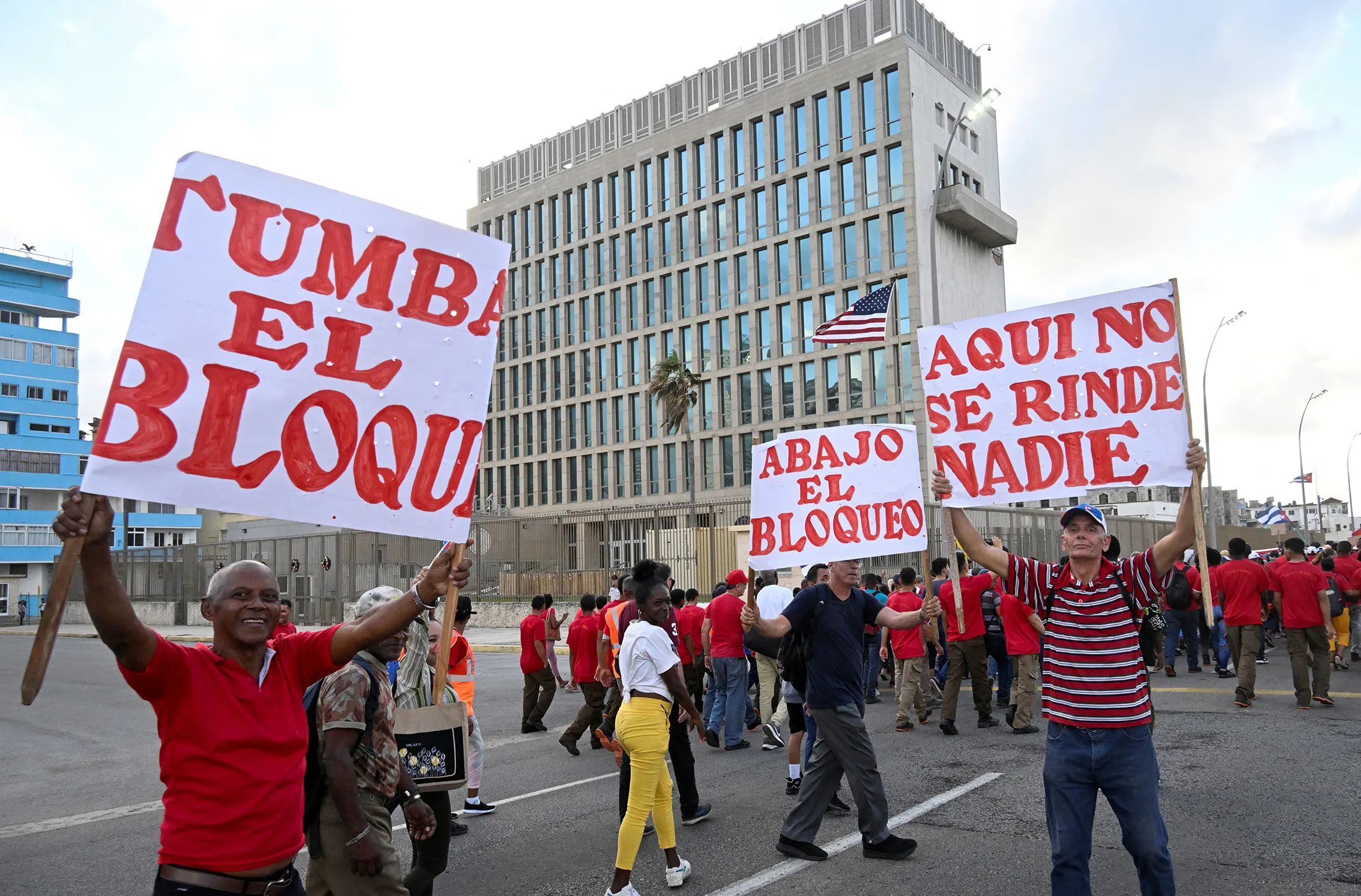 Cubans protest against the embargo outside the US embassy in Havana last December.