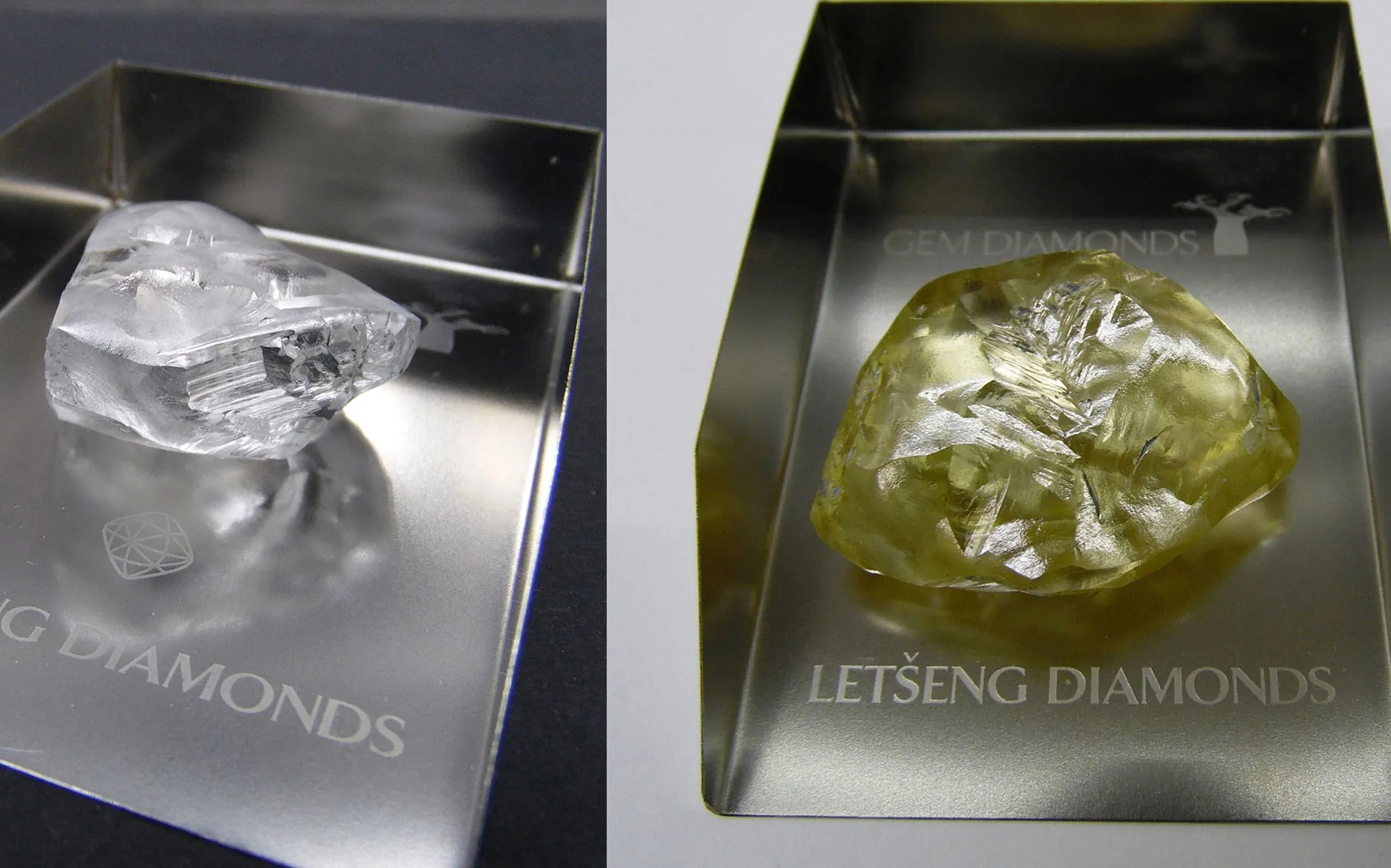 A 04.73 carat D color Type IIa diamond, left, and a 151.52 carat Type I yellow diamond. Gem Diamonds Ltd. discovered&nbsp;in Lesotho Mine last year.&nbsp;