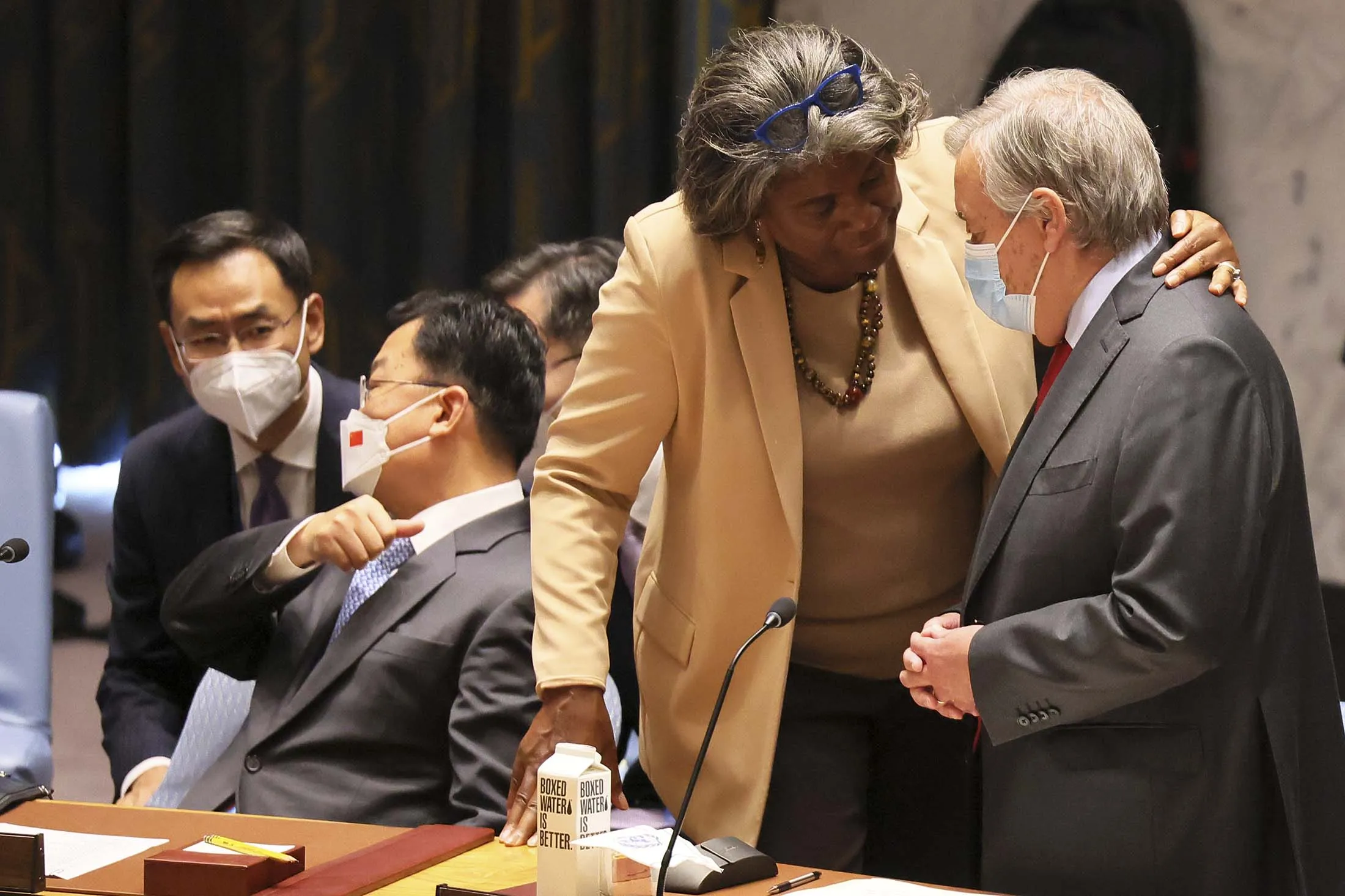 US ambassador to the United Nations&nbsp;Linda Thomas-Greenfield speaks to&nbsp;Secretary&nbsp;General of the UN Antonio Guterres, right,&nbsp;at the UN headquarters on Sept. 22.