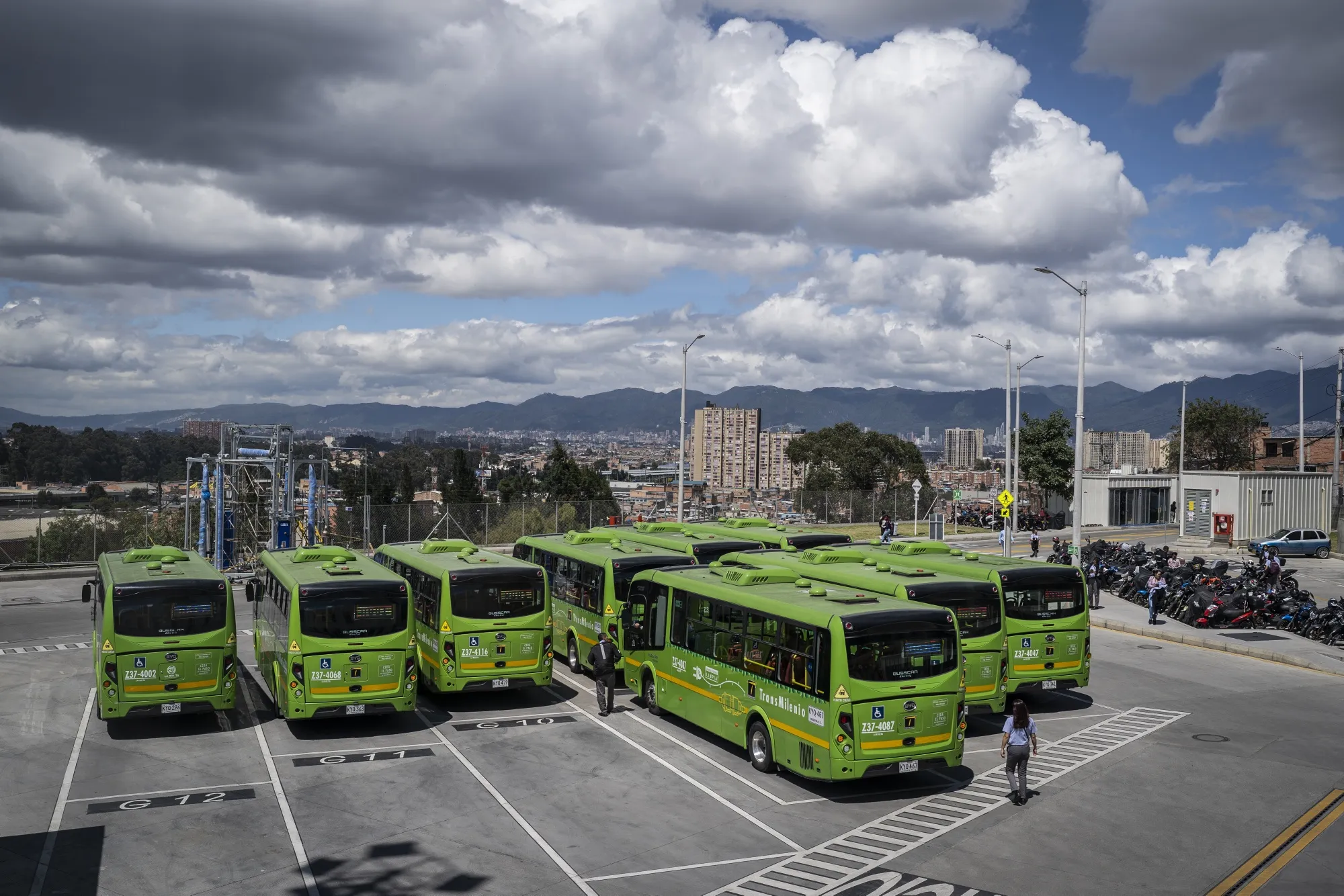 La Rolita electric buses parked at the Perdomo depot in Bogota, Colombia.