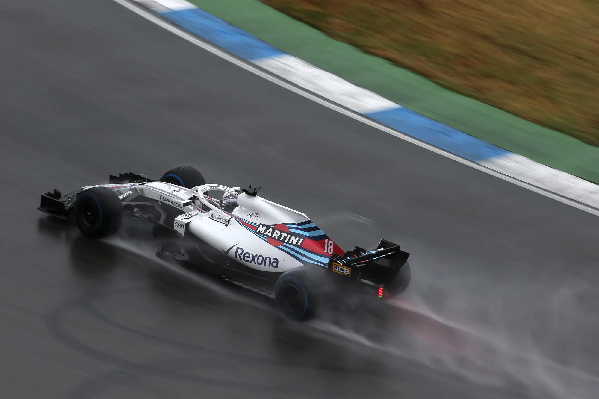 A Formula One Williams Martini Racing car during practice for the 2018 Formula One Grand Prix of Germany.