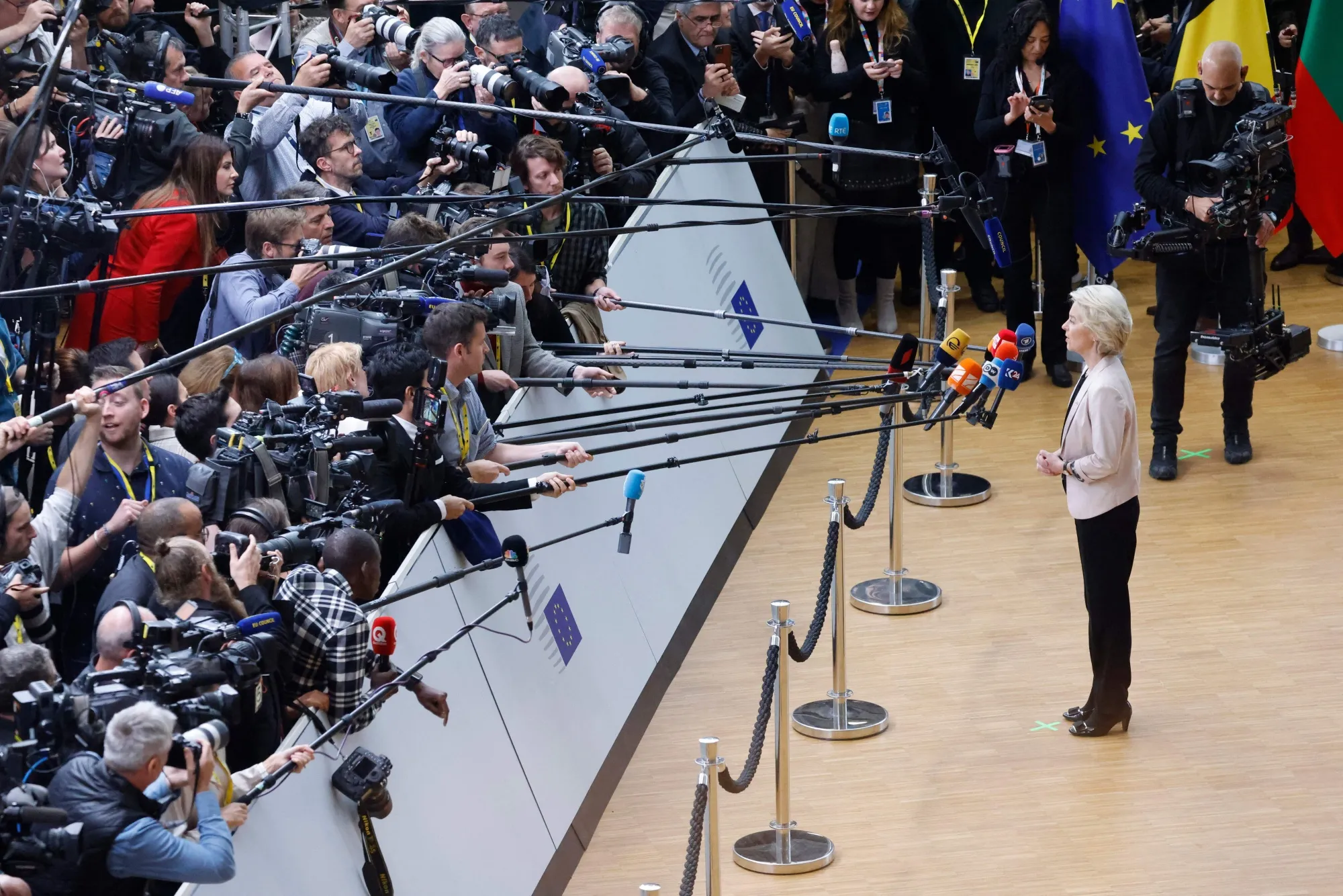 Ursula von der Leyen addresses the press at The European Council Building in Brussels on Oct. 26.