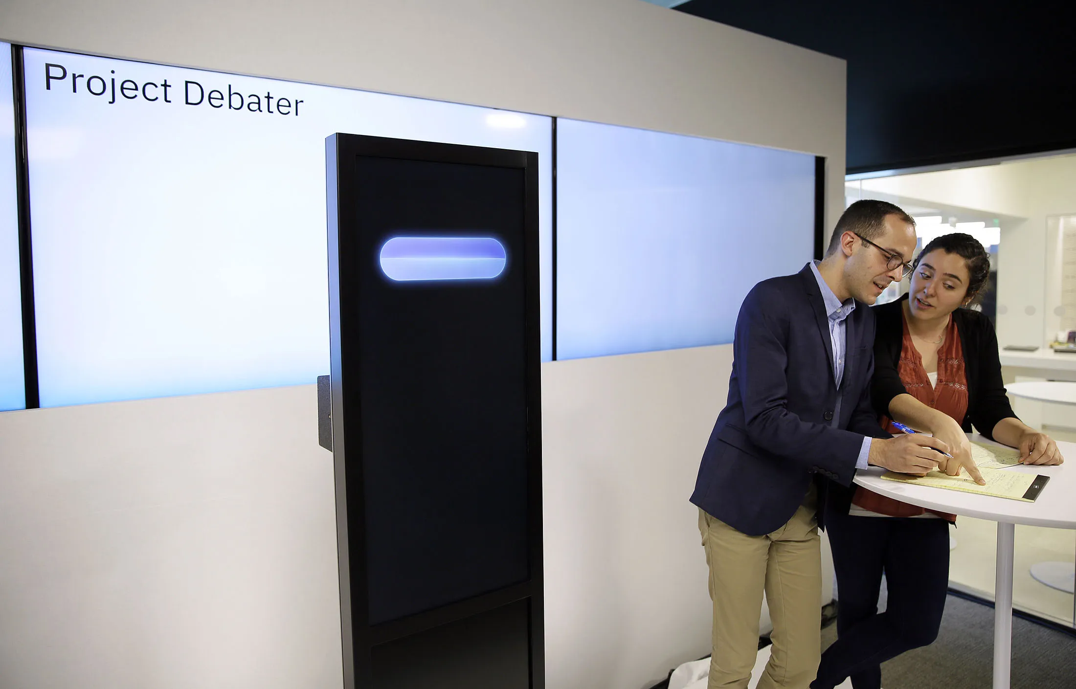 Dan Zafrir and Noa Ovadia prepare for their debate against the IBM Project Debater in San Francisco on&nbsp;June 18.