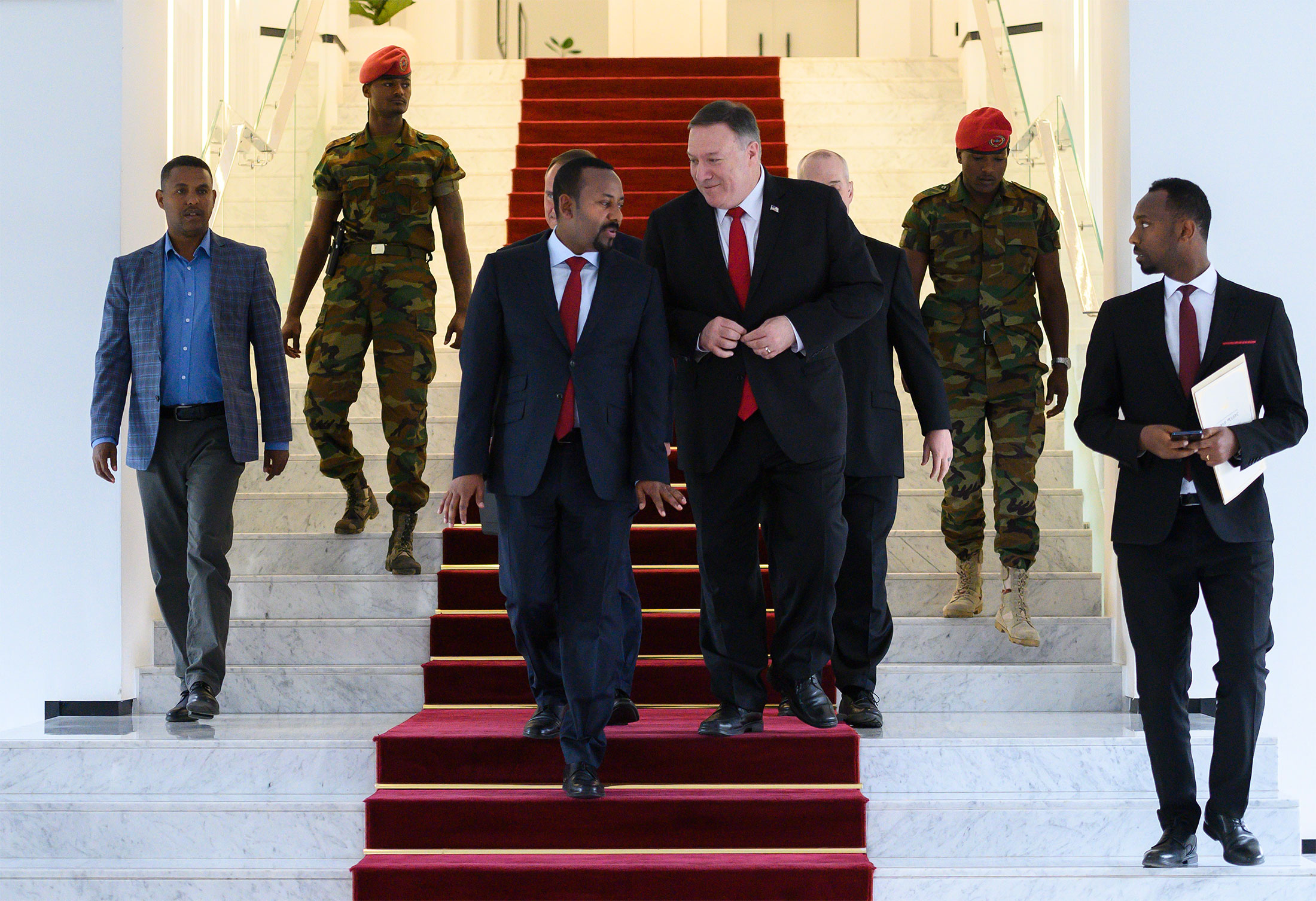 U.S. Secretary of State Mike Pompeo, center right, walks with Ethiopian Prime Minister Abiy Ahmed after a meeting in Addis Ababa on Feb. 18.
