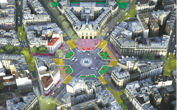 Plans for Paris's Place Gabetta, with shaded areas showing more space for trees and pedestrians.