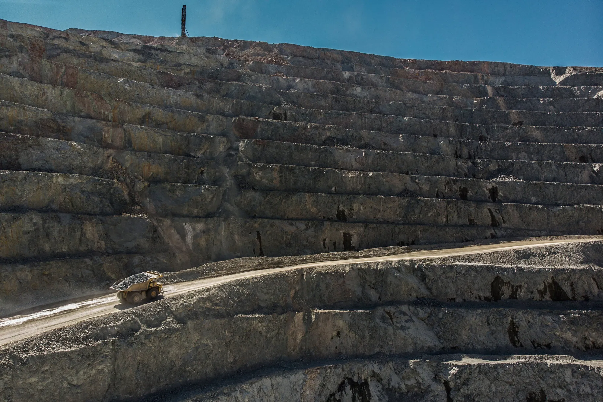 An open pit mine at the Oyu Tolgoi copper-gold mine, in the South Gobi desert, Mongolia.