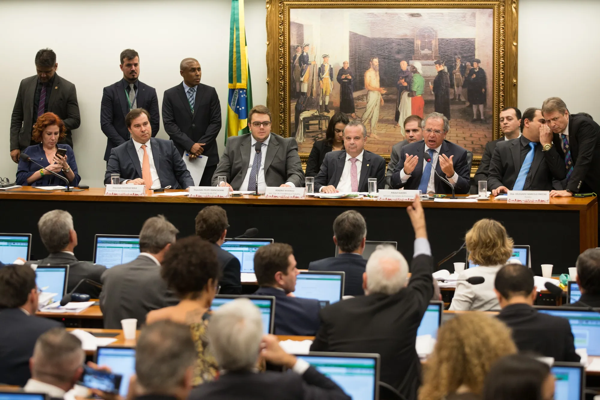 Guedes spars with lawmakers during a hearing on pension reform, Wednesday.