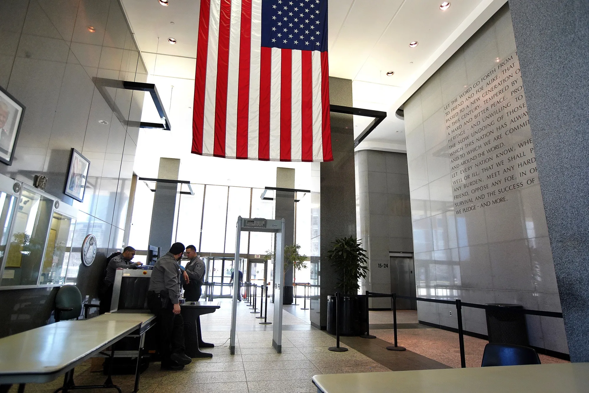 The public screening area inside the JFK Federal Building in Boston where the immigration court is open.&nbsp;
