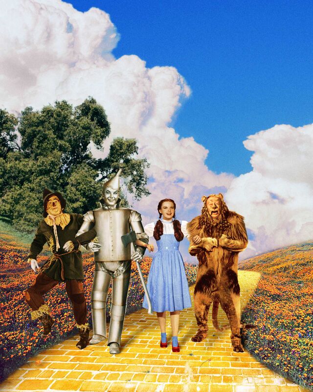 Film still of The Wizard of Oz (1939), with Ray Bolger, Jack Haley, Judy Garland and Bert Lahr.