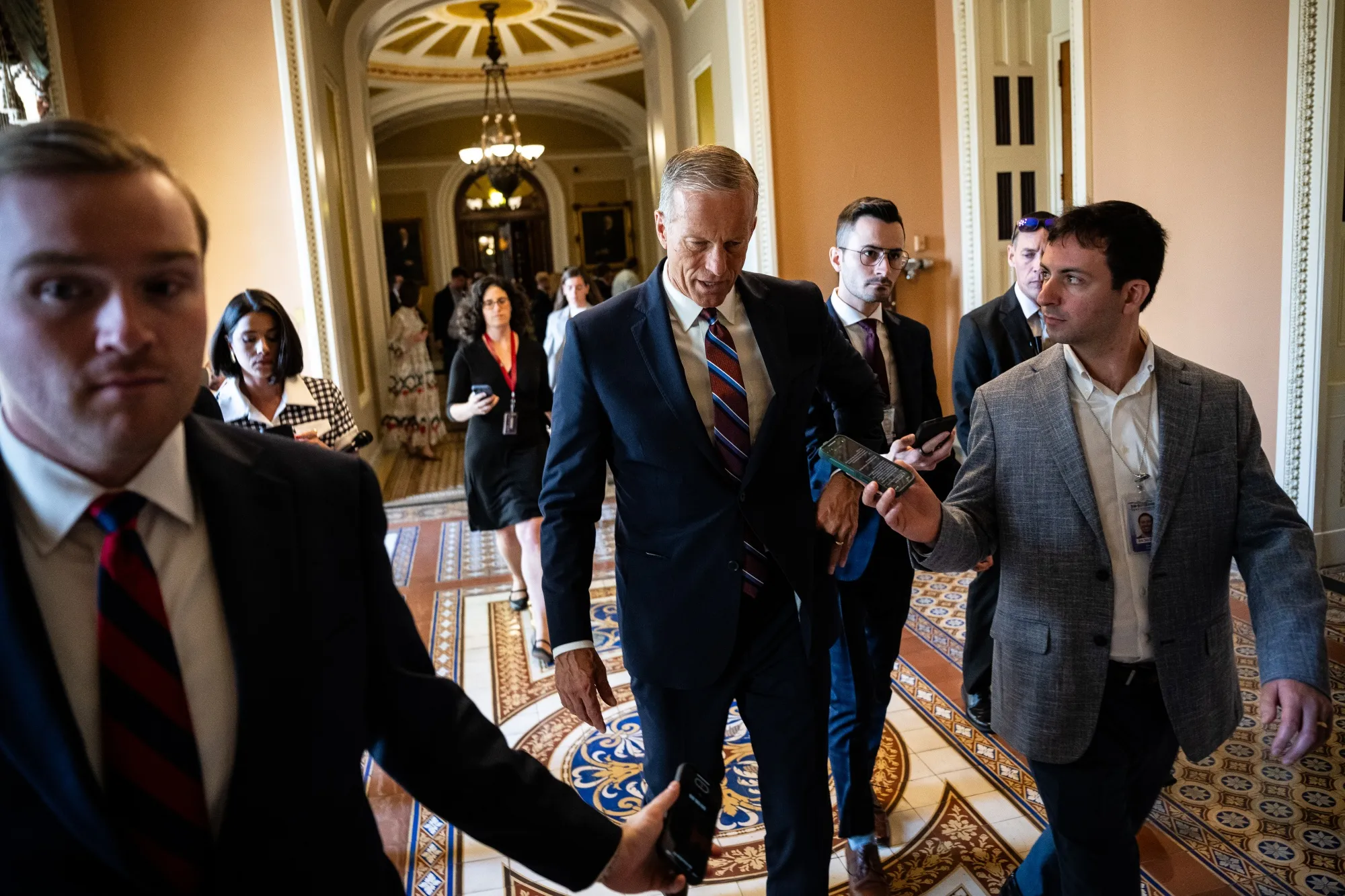 Senate Majority Leader John Thune, a Republican from South Dakota, speaks to members of the media at the US Capitol in Washington.