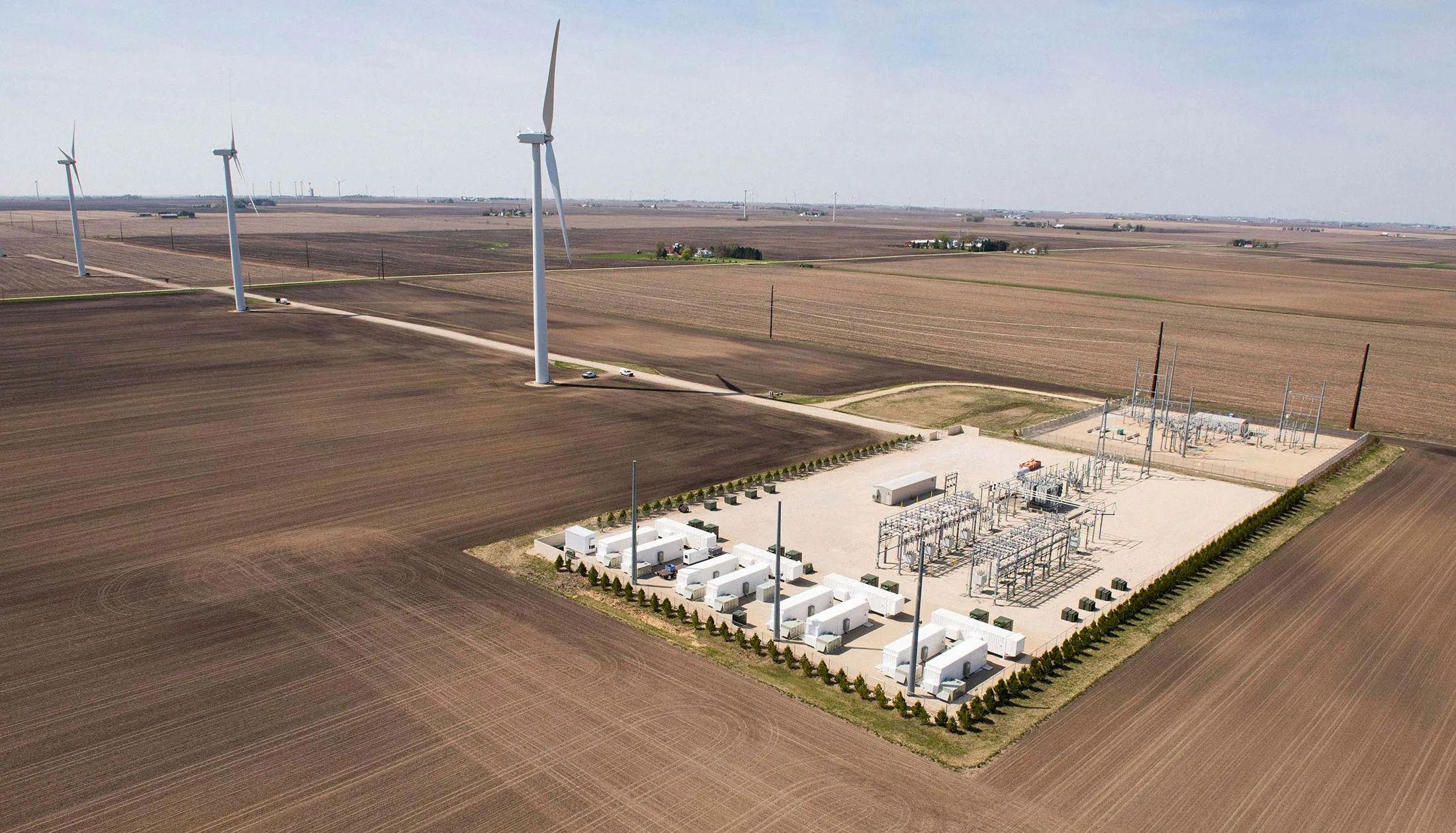 Aerial view of the Lee-DeKalb storage project at Lee-DeKalb Substation at the Lee-DeKalb wind site in Shabbona, Illinois on Apr. 28, 2015.