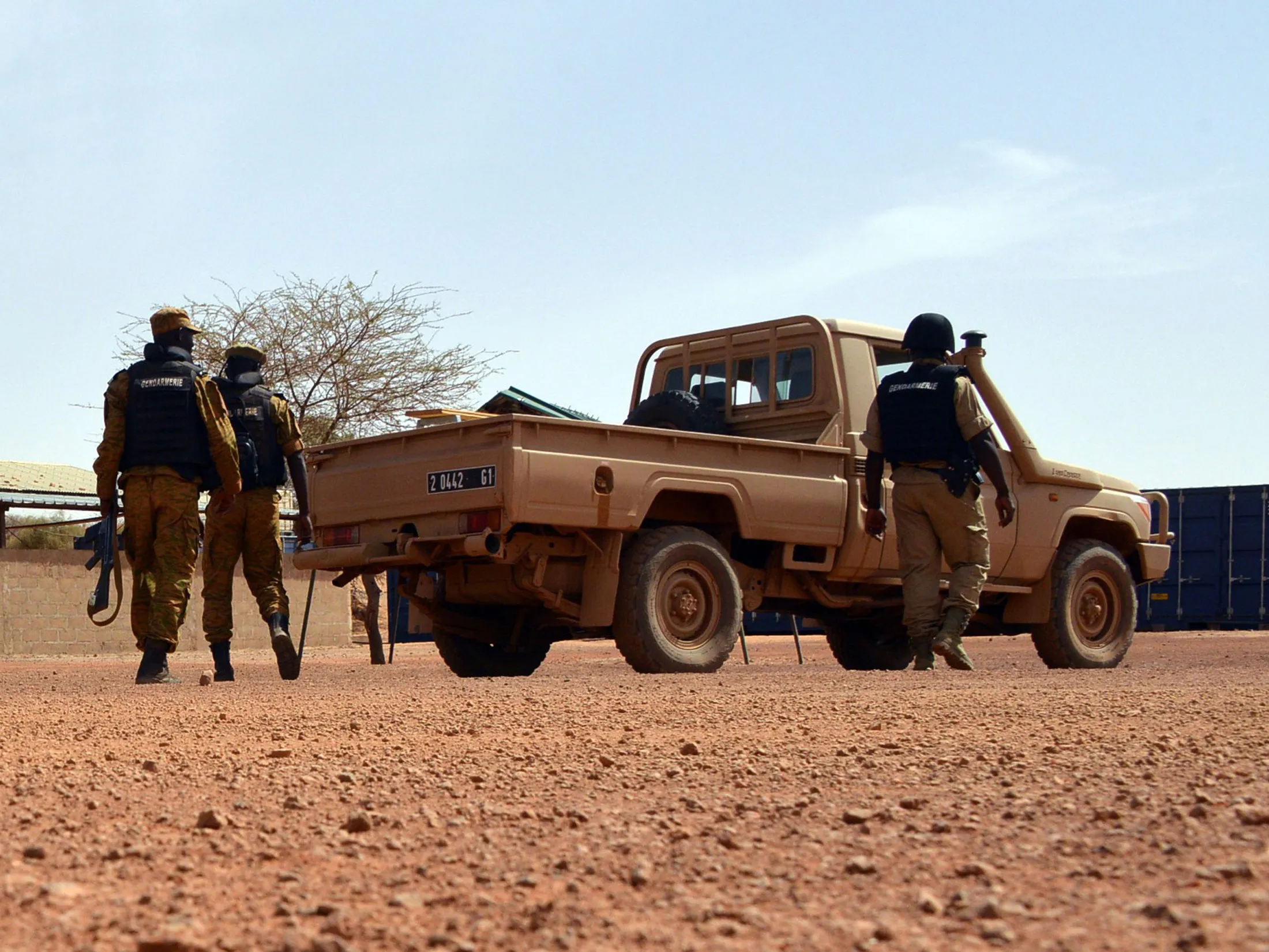 Burkina Faso soldiers patrol near the Tambao mine in Tambao, Burkia Faso on April 5, 2015.
