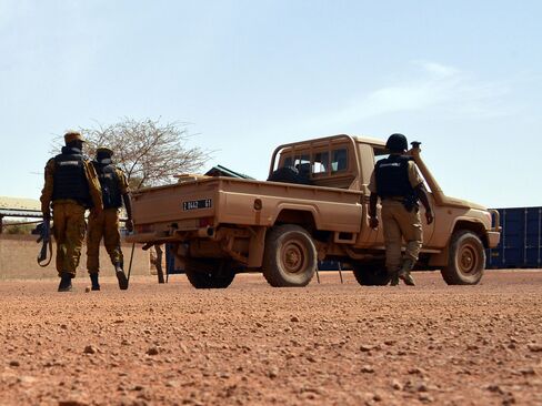 Burkina Faso soldiers patrol near the Tambao mine in Tambao, Burkia Faso on April 5, 2015.