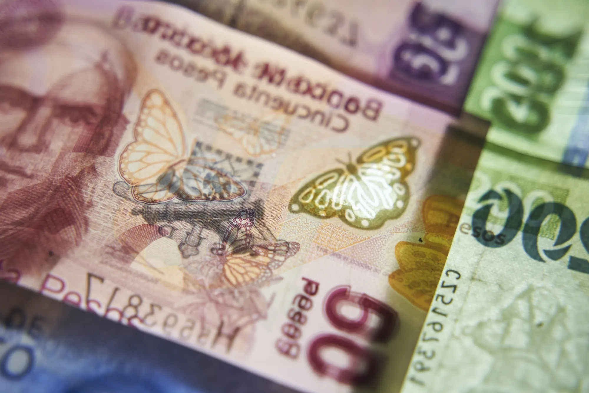 Mexican peso banknotes arranged in Axtla de Terrazas, San Luis Potosi, Mexico, on Sunday, April 2, 2023.&nbsp;