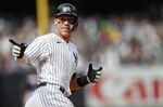 New York Yankees right fielder Aaron Judge (99) reacts while rounding the bases after hitting a home run against the Minnesota Twins during the sixth inning of a baseball game Monday, Sept. 5, 2022, in New York. (AP Photo/Noah K. Murray)