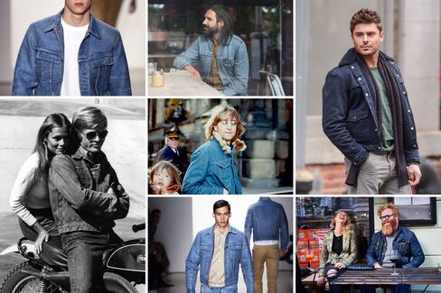 Clockwise from top left: denim in Calvin Klein Collection's Spring 2015 runway show; a jean jacket spotted at Beyond Retro, a shop in London's Hackney neighborhood; actor Zac Efron on location for a film; seen on the streets of Copenhagen; another look from Calvin Klein Collection's Spring runway; Robert Redford with Lauren Hutton on set in 1970; John Lennon in New York City in 1977.