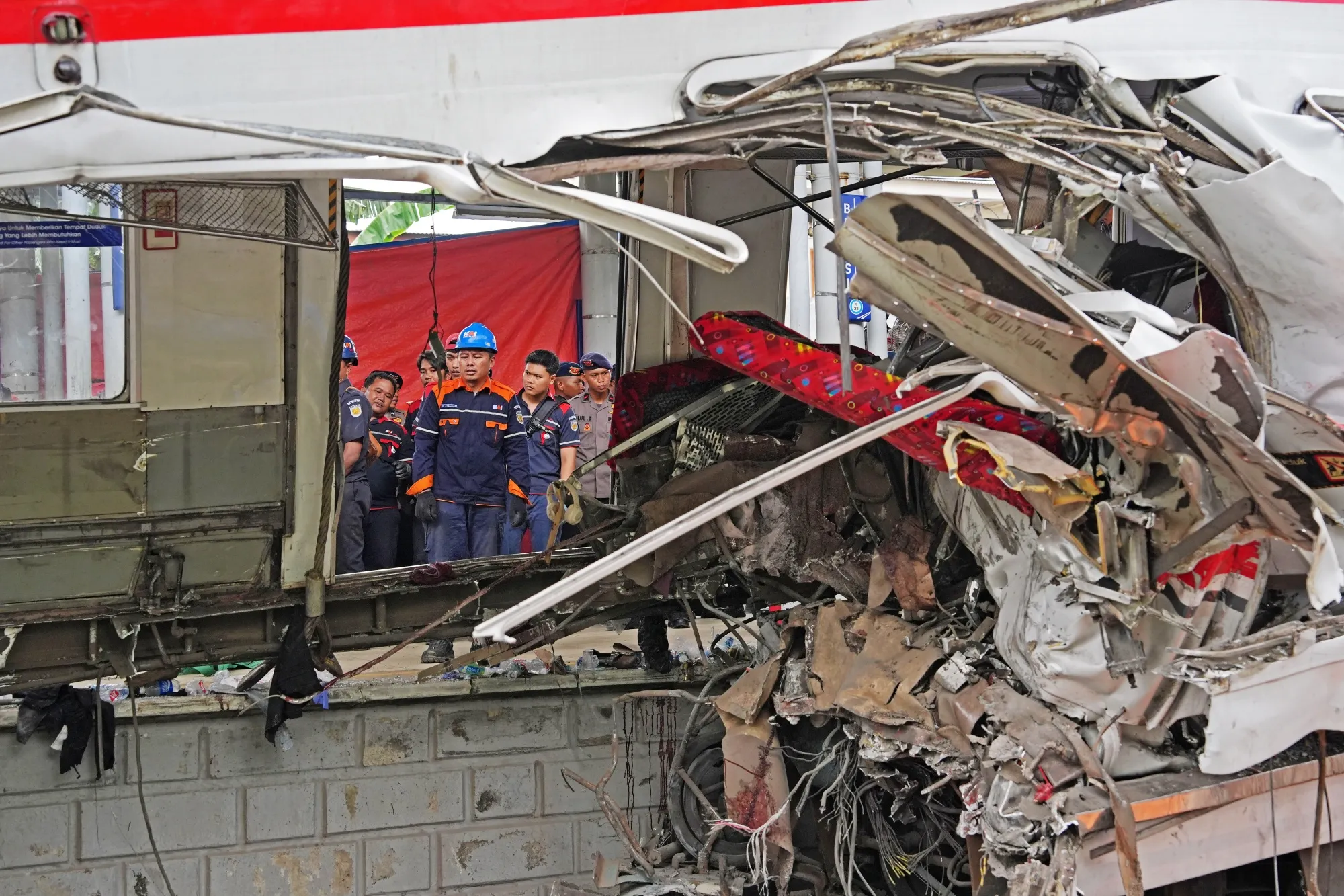 The wreckage of a train following a collision at East Bekasi Station on April 28.