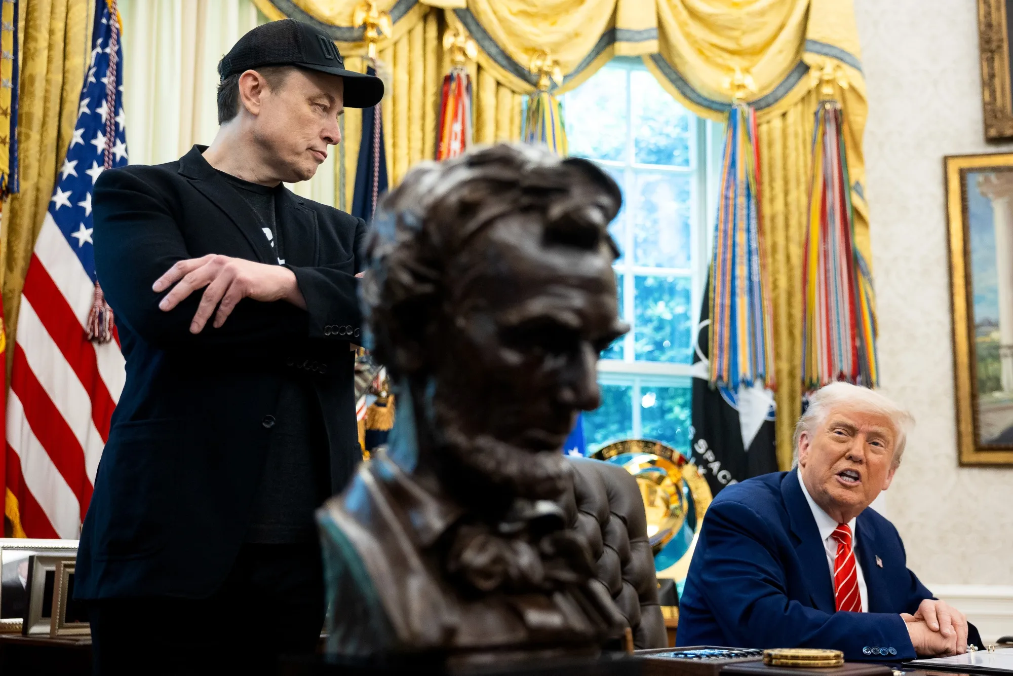 President Trump Holds Press Conference With Musk As He Departs DOGE