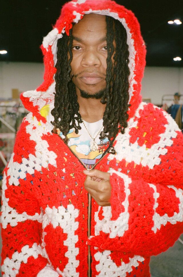 R.J. Nash wears a hoodie he crafted from a vintage crocheted Afghan blanket, lined with lace.