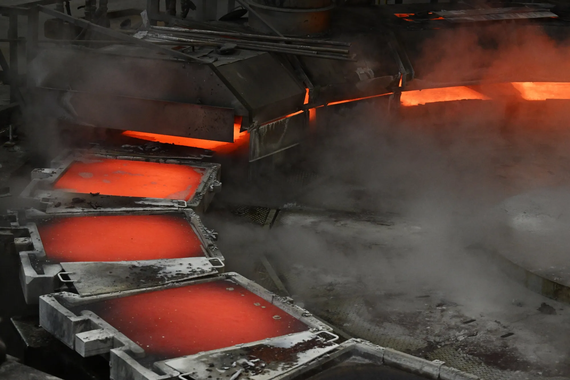 Molten copper poured into molds at the ZiJIn Serbia Copper plant in Bor, Serbia.