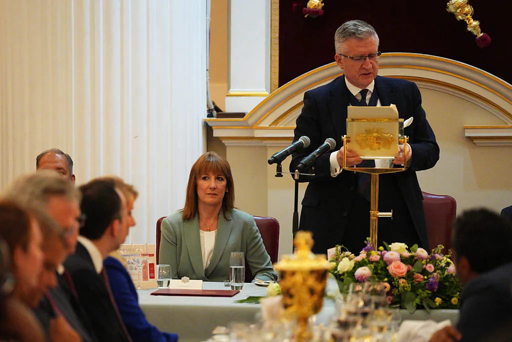 Chancellor of the Exchequer Rachel Reeves listens as Lord Mayor of London Alastair King speaks at&nbsp;the Mansion House Financial Services dinner&nbsp;on July 15.