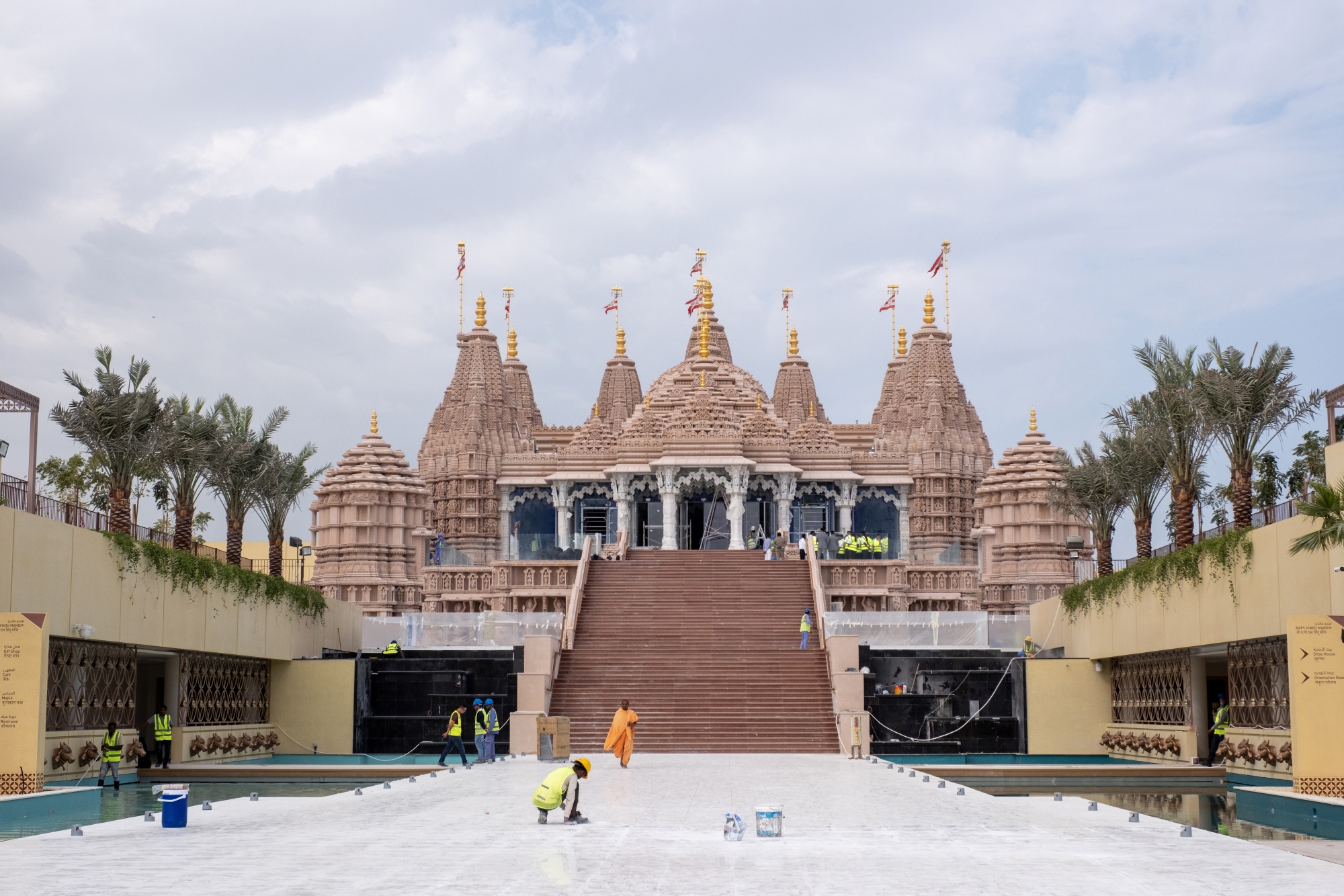 The BAPS Hindu Mandir temple during final preparations in Abu Dhabi.
