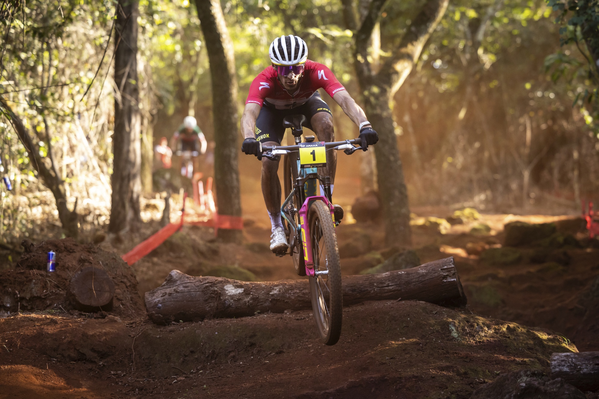 Photo showing an elite mountain biker Christopher Blevins in action during the race of the UCI Mountain Bike World Cup Cross-Country in Brazil.
