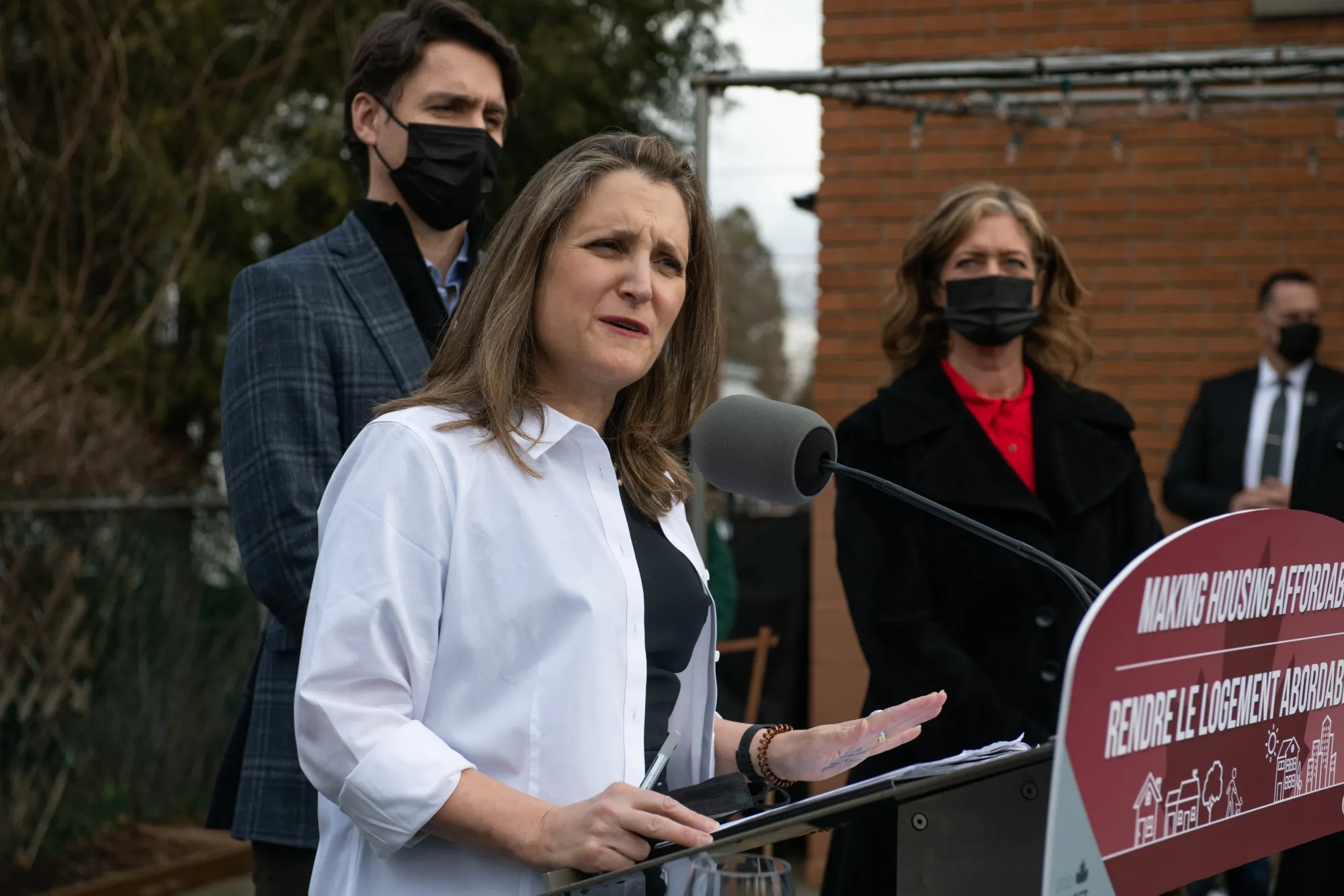 Chrystia Freeland speaks alongside Justin Trudeau in Hamilton on April 8.