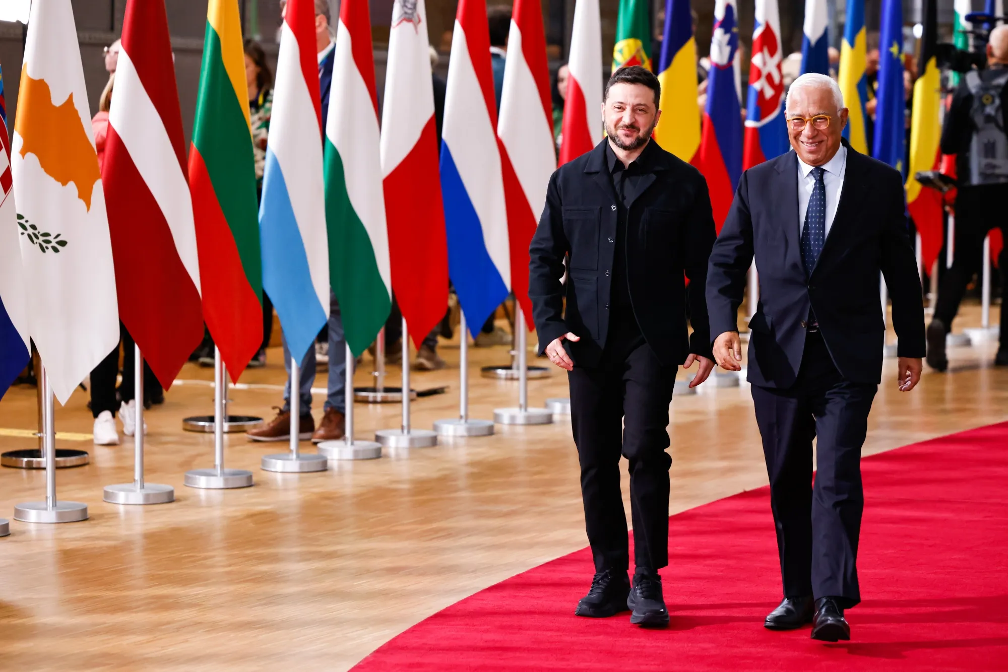 Volodymyr Zelenskiy, Ukraine's president, left, and Antonio Costa, president of the European Council, at a European Council meeting in Brussels.