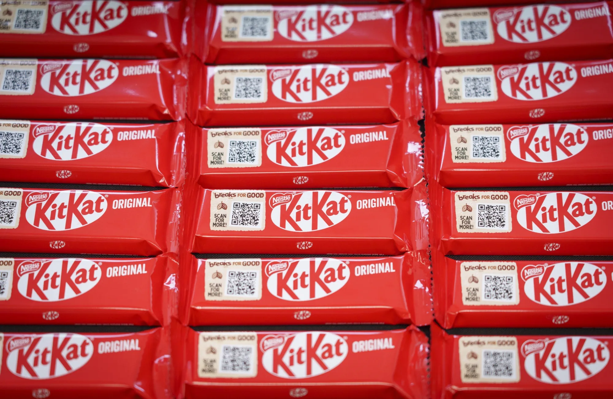 KitKat chocolate covered wafer bars produced by Nestlé.